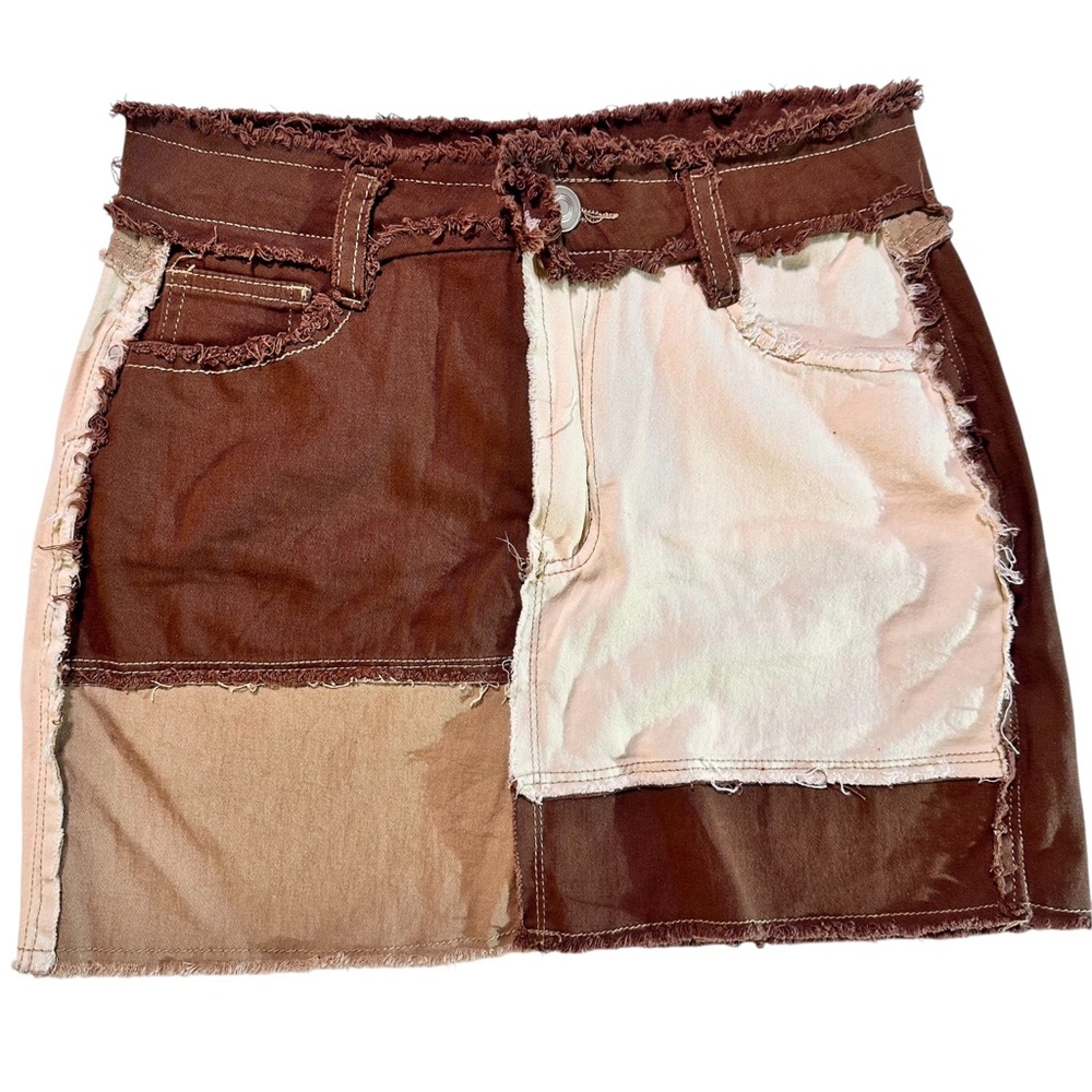rue21 Brown, tan, and cream patchwork mini skirt. M